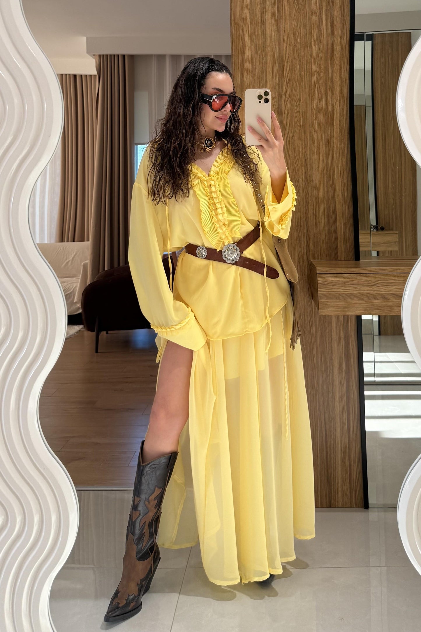 Lumina Sarı Şifon Etekli Takım