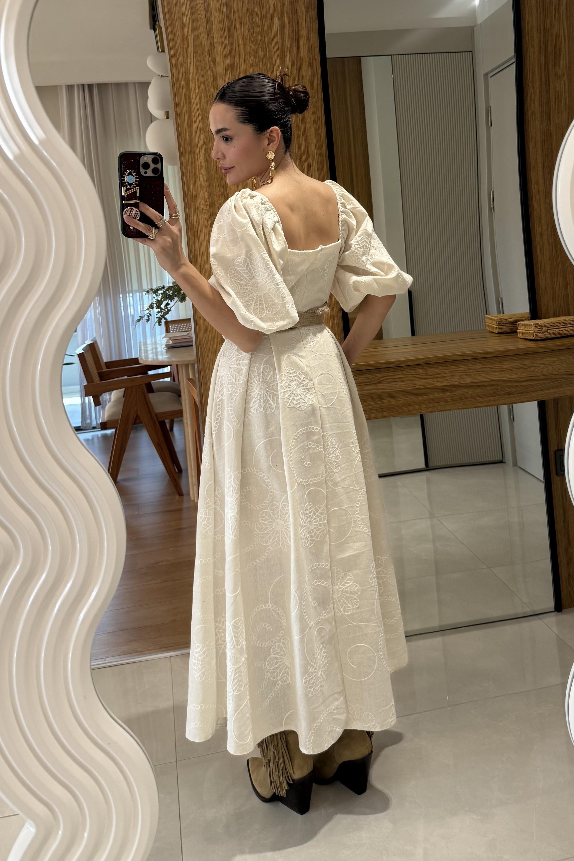 Lunera Balon Kollu Kemerli Brode Elbise