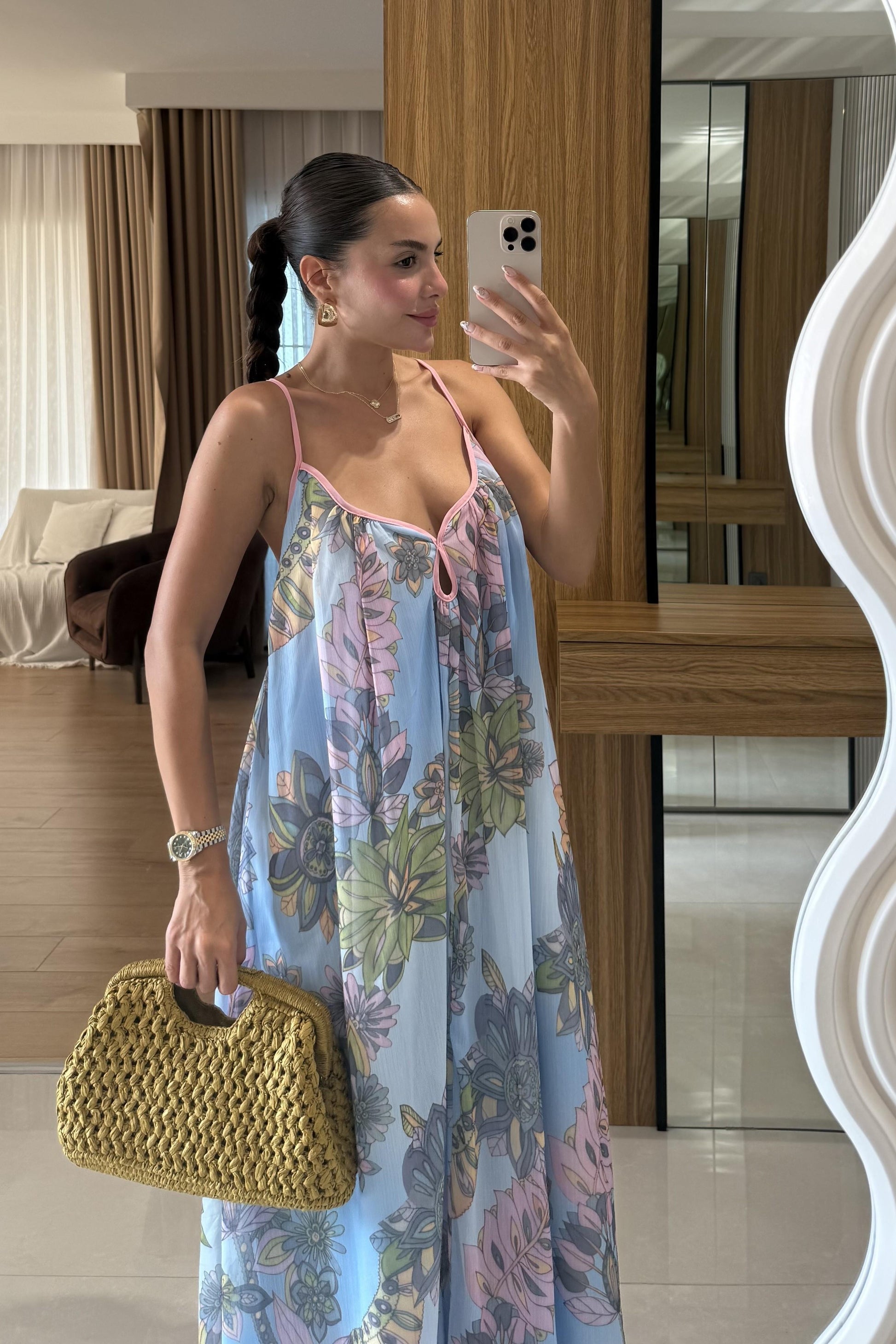 Lunessa Mavi Çiçek Desen Elbise