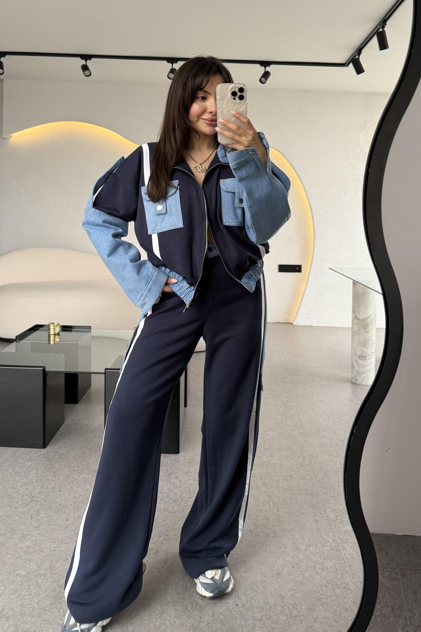 Luther Lacivert Kot Karışımlı Tasarım Takım