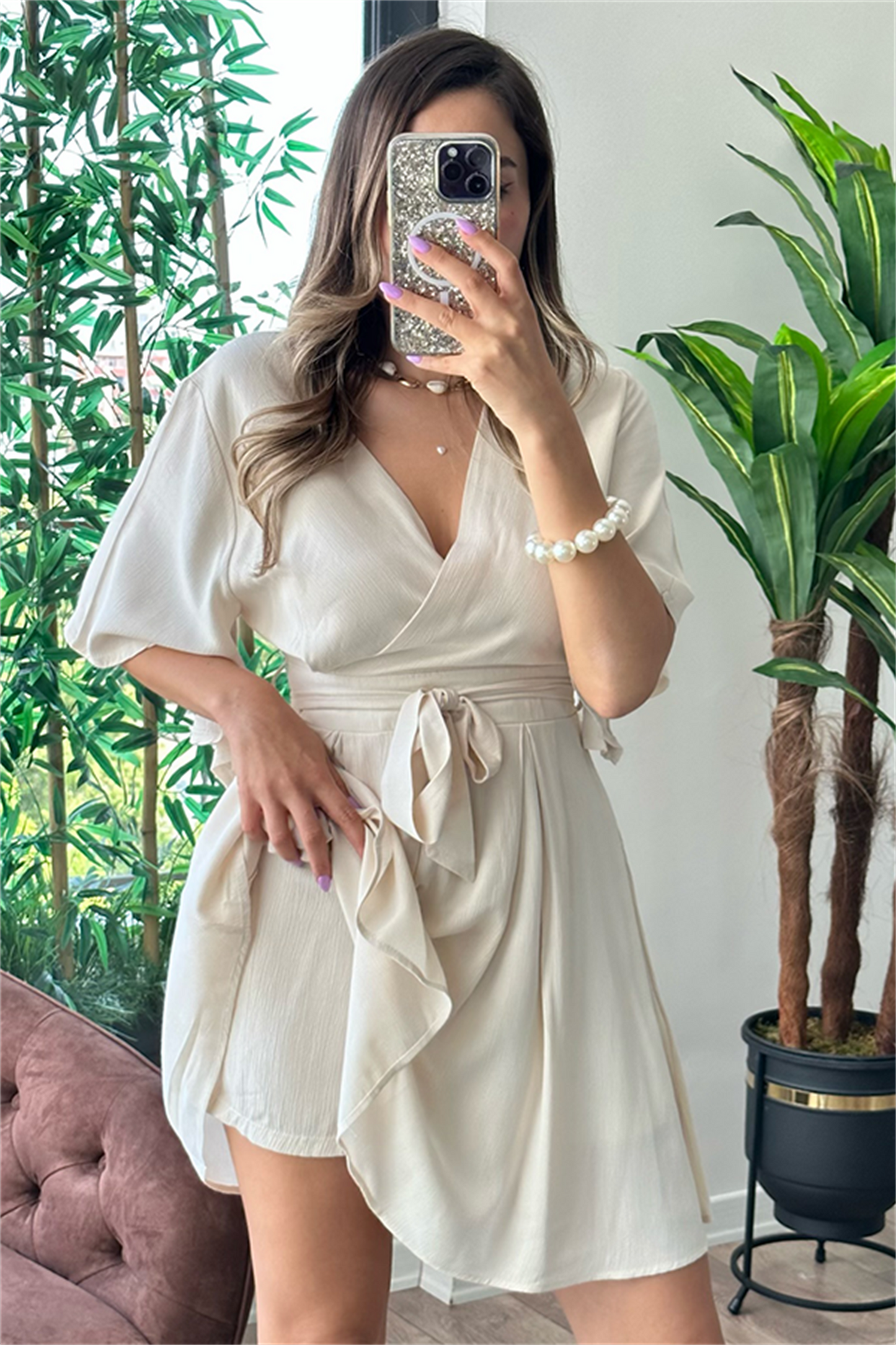 Lydia kısa kollu kruvaze yaka tulum - Krem