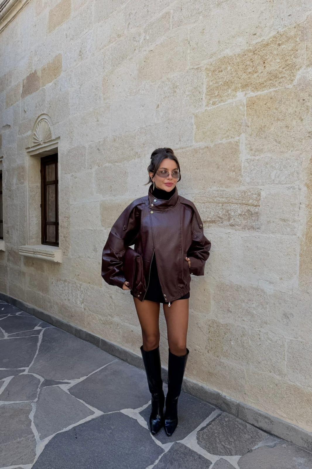 Macoron Bordo Pütürlü Deri Ceket