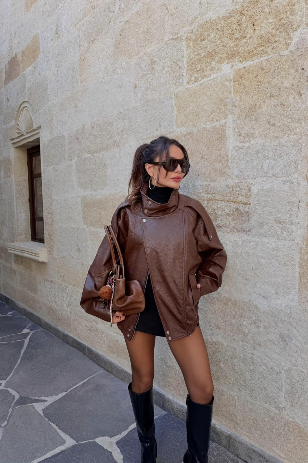 Macoron Taba Pütürlü Deri Ceket