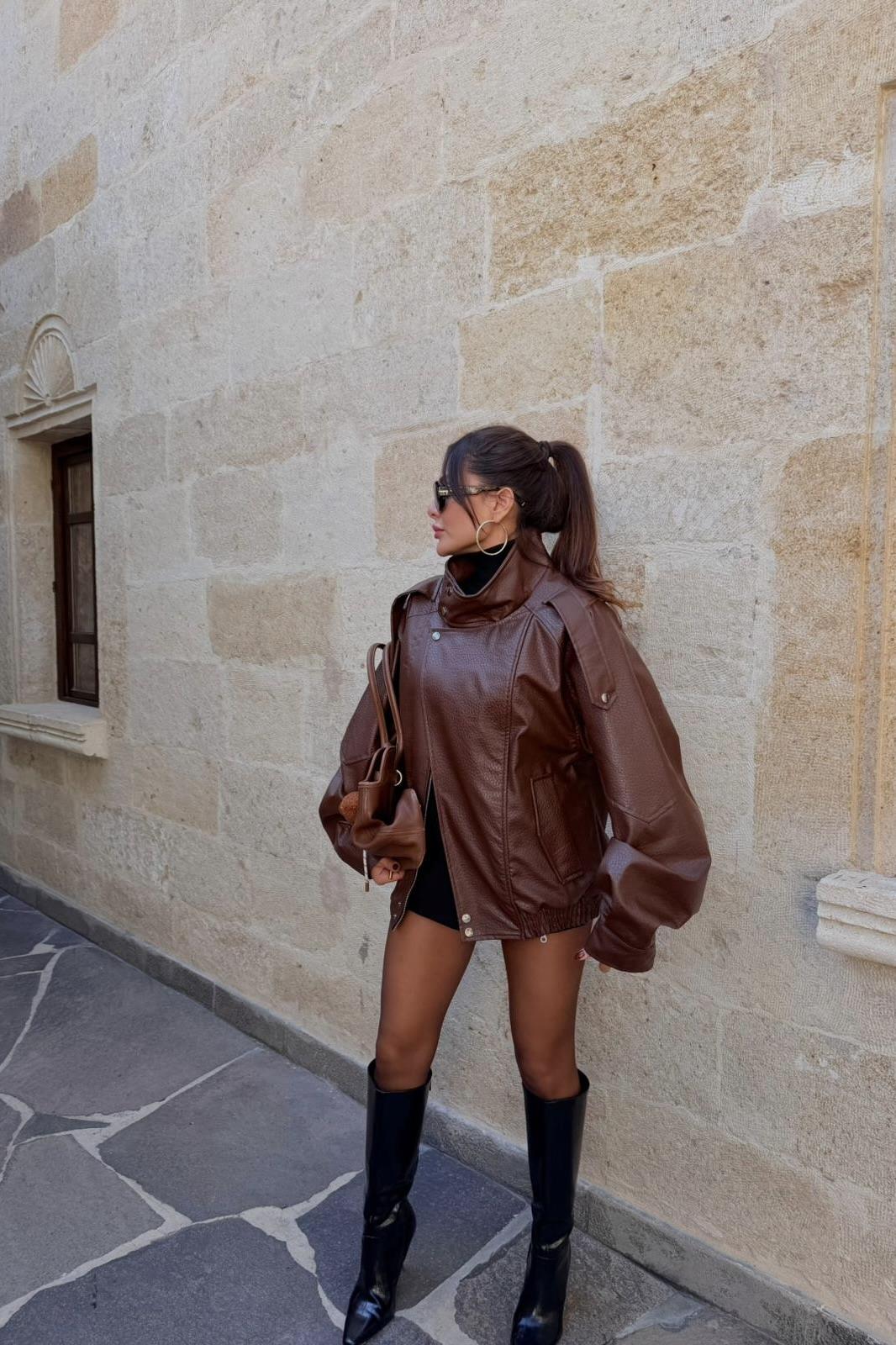 Macoron Taba Pütürlü Deri Ceket