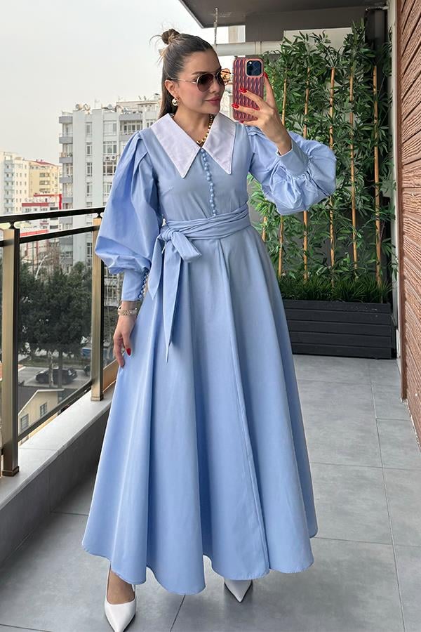 Madam Bebe Yaka Tasarım Gömlek Elbise - Bebe Mavi