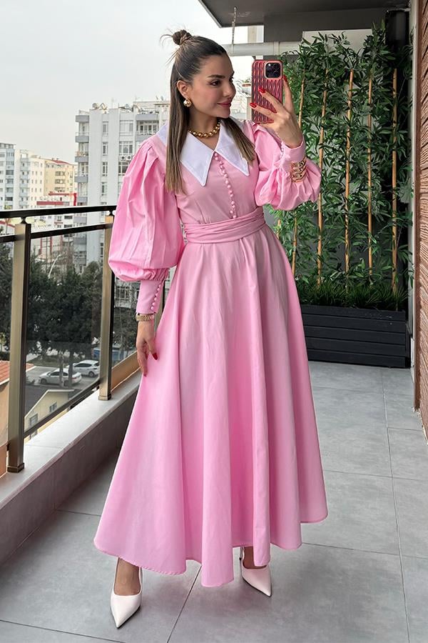 Madam Bebe Yaka Tasarım Gömlek Elbise - Pembe