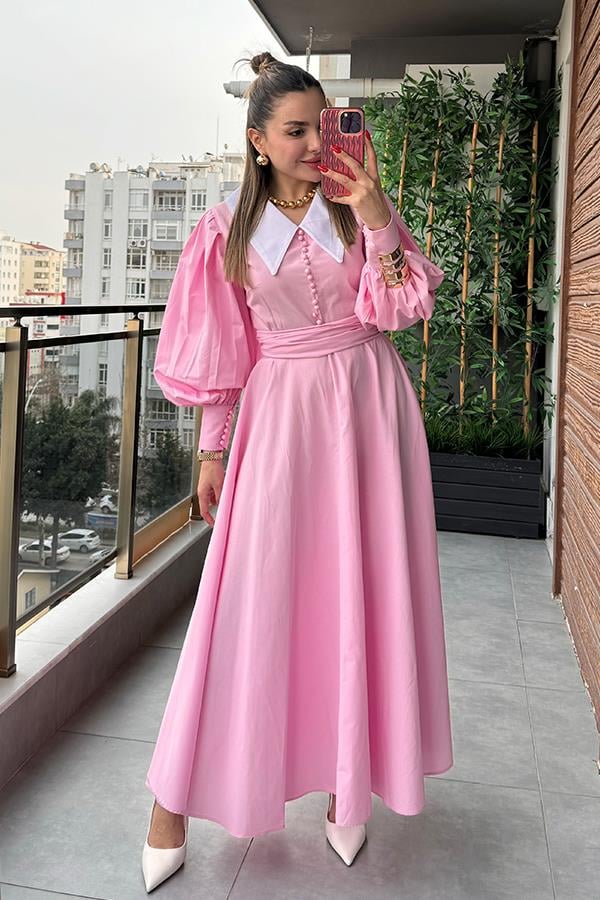 Madam Bebe Yaka Tasarım Gömlek Elbise - Pembe