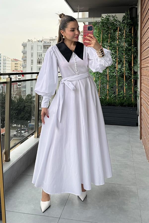 Madam Bebe Yaka Tasarım Gömlek Elbise - Beyaz