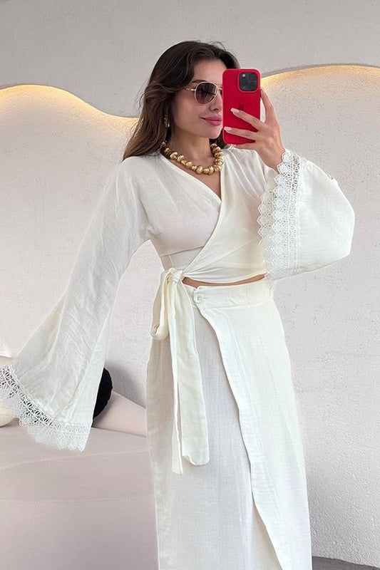 Mahima Kolları Dantel Detaylı Müslin Etekli Takım-Ekru