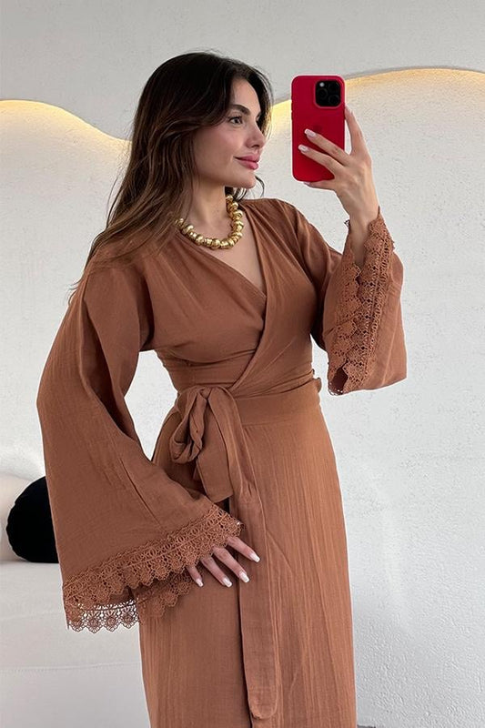 Mahima Kolları Dantel Detaylı Müslin Etekli Takım-Taba