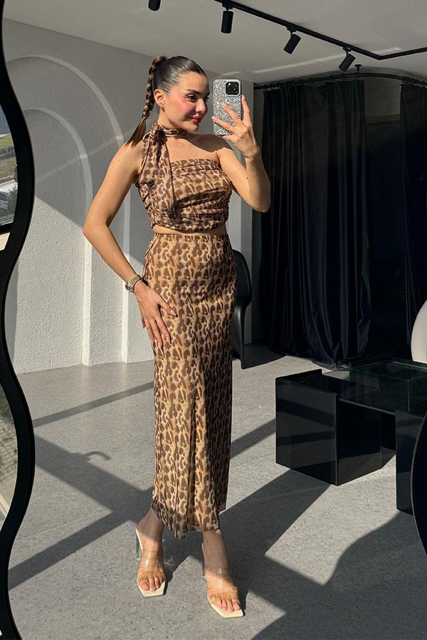 Maika Fularlı Leopar Crop-Etek Takım