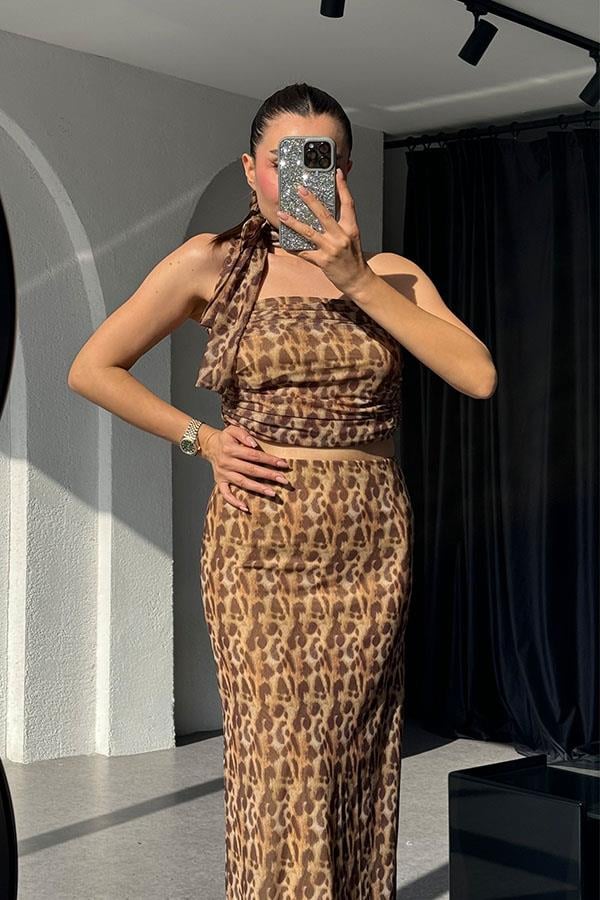 Maika Fularlı Leopar Crop-Etek Takım