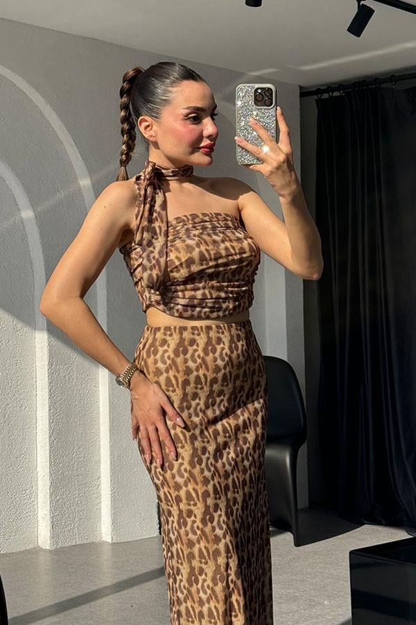 Maika Fularlı Leopar Crop-Etek Takım