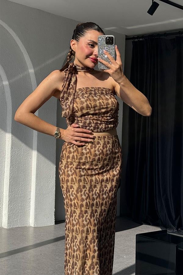 Maika Fularlı Leopar Crop-Etek Takım