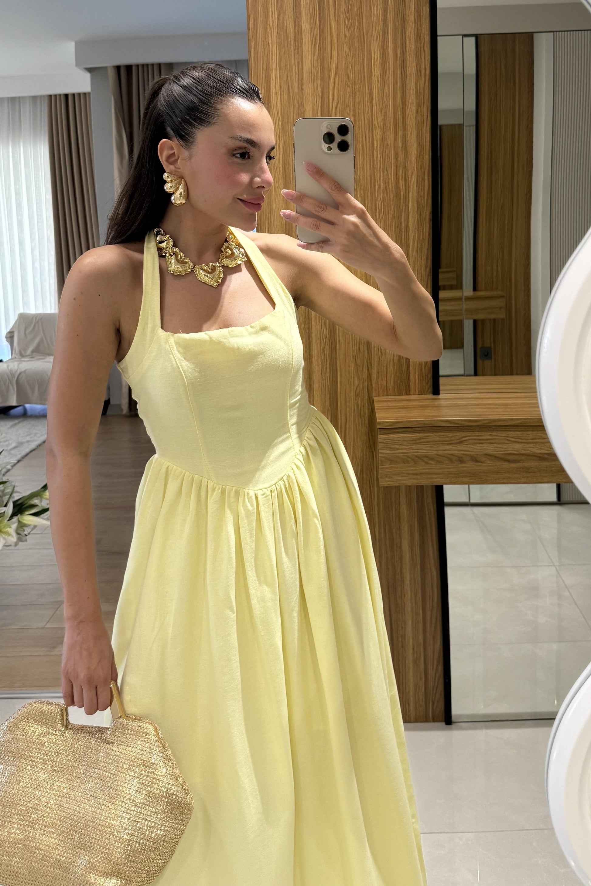 Maison Sarı Boyundan Bağlamalı Keten Elbise