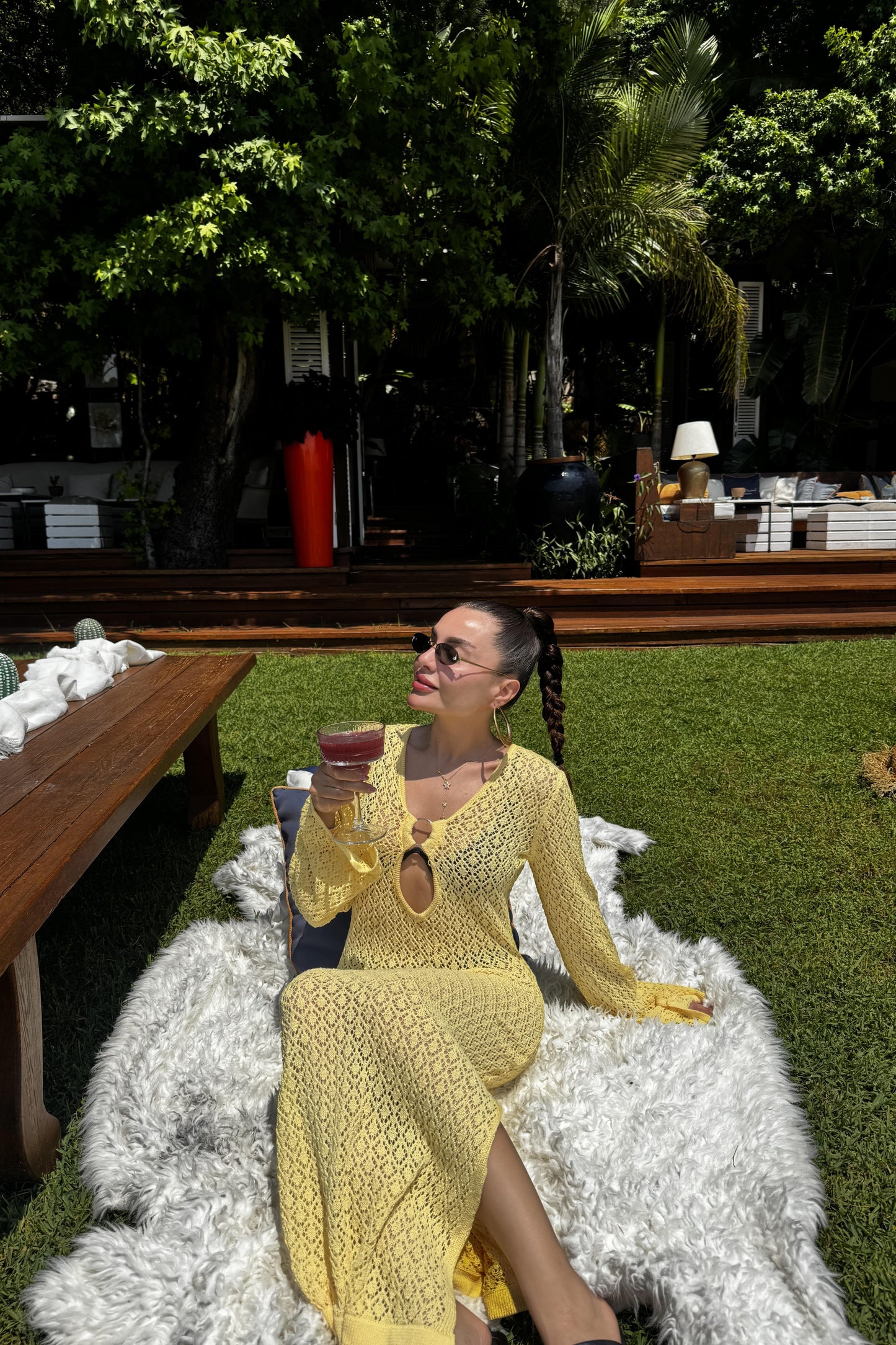 Maja Sarı Yazlık Triko Ajurlu Elbise