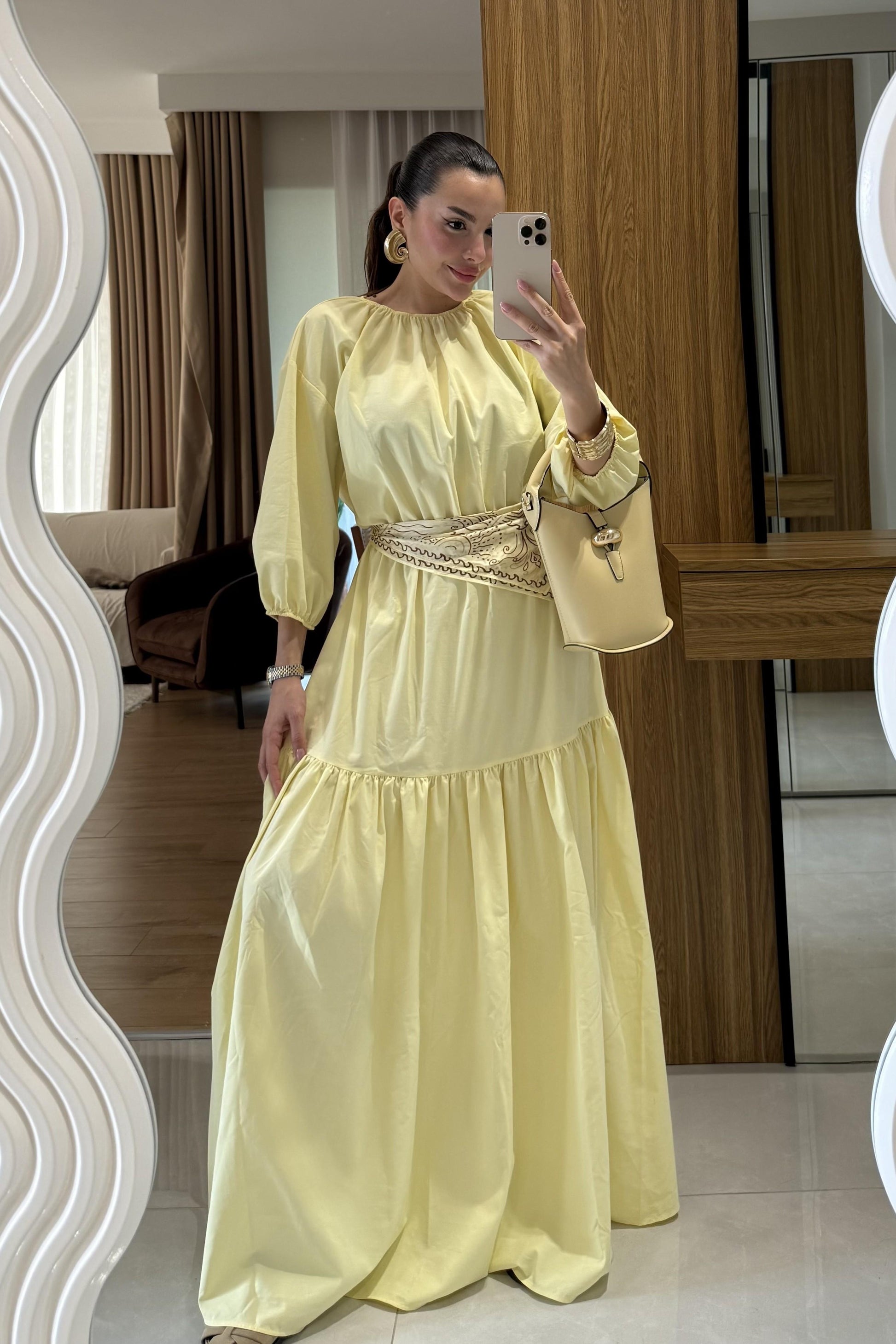 Majuro Sarı Boğumlu Poplin Elbise