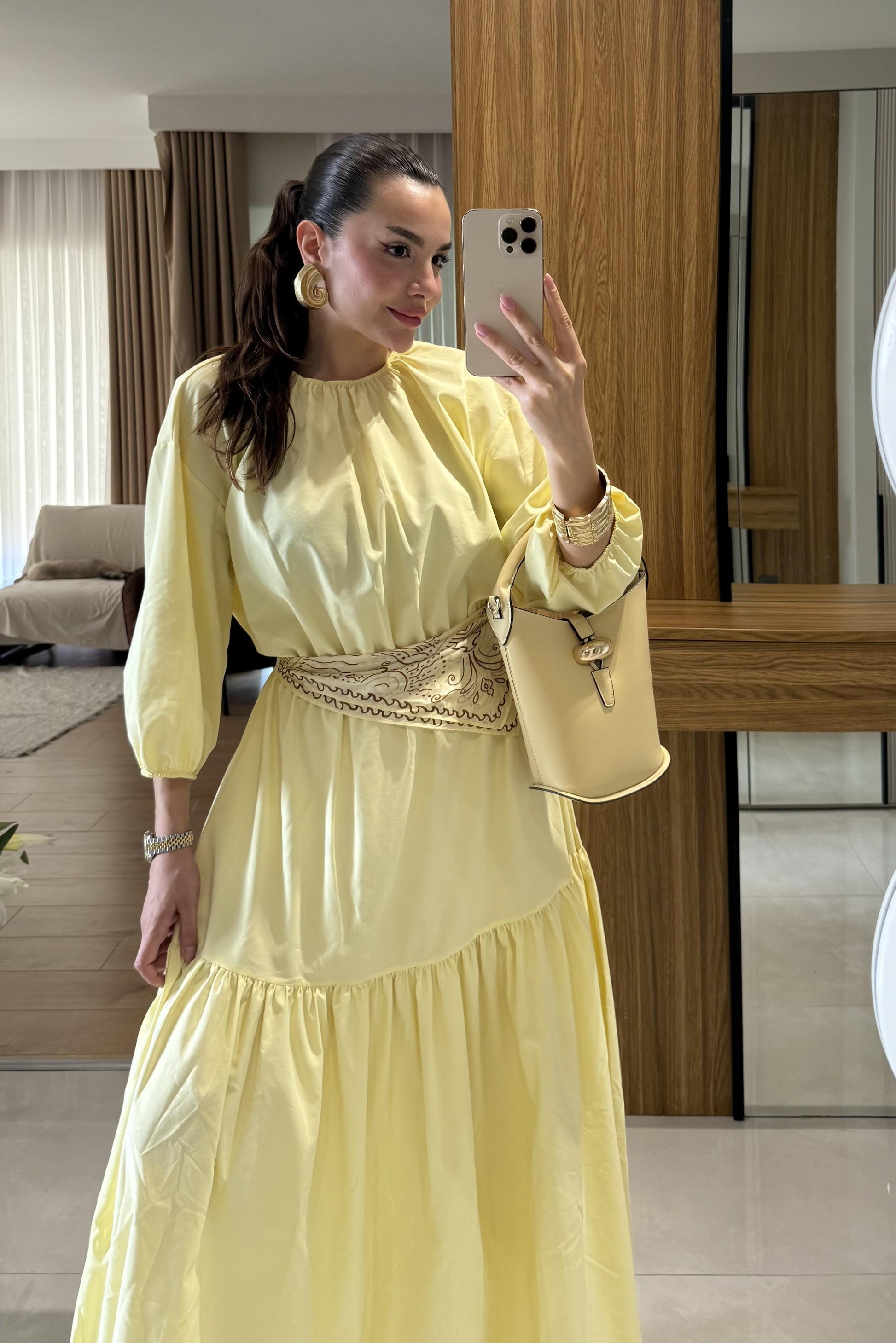 Majuro Sarı Boğumlu Poplin Elbise