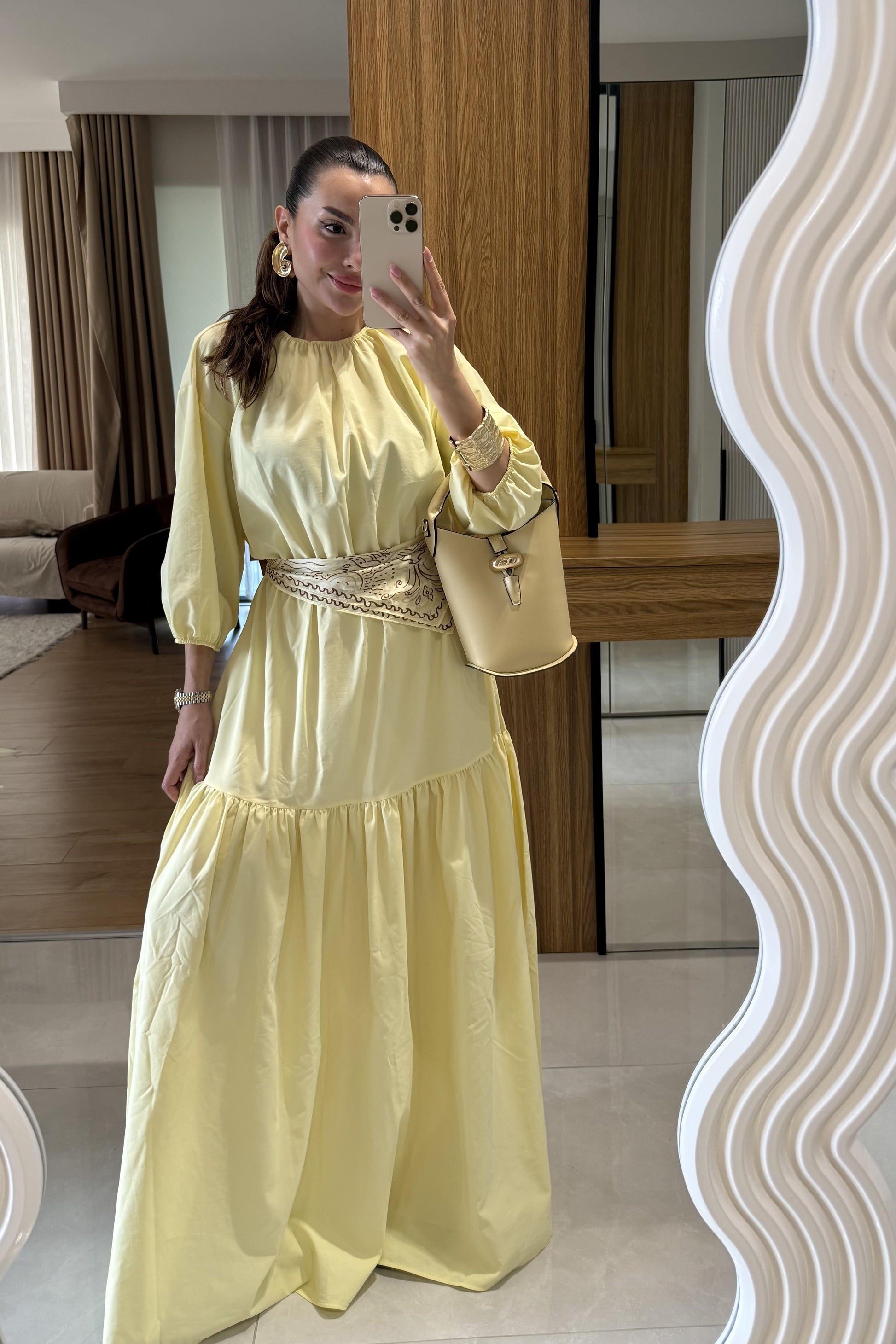 Majuro Sarı Boğumlu Poplin Elbise