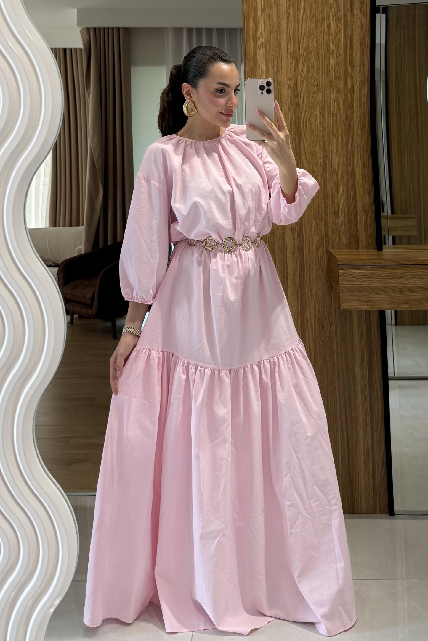 Majuro Toz Pembe Boğumlu Poplin Elbise