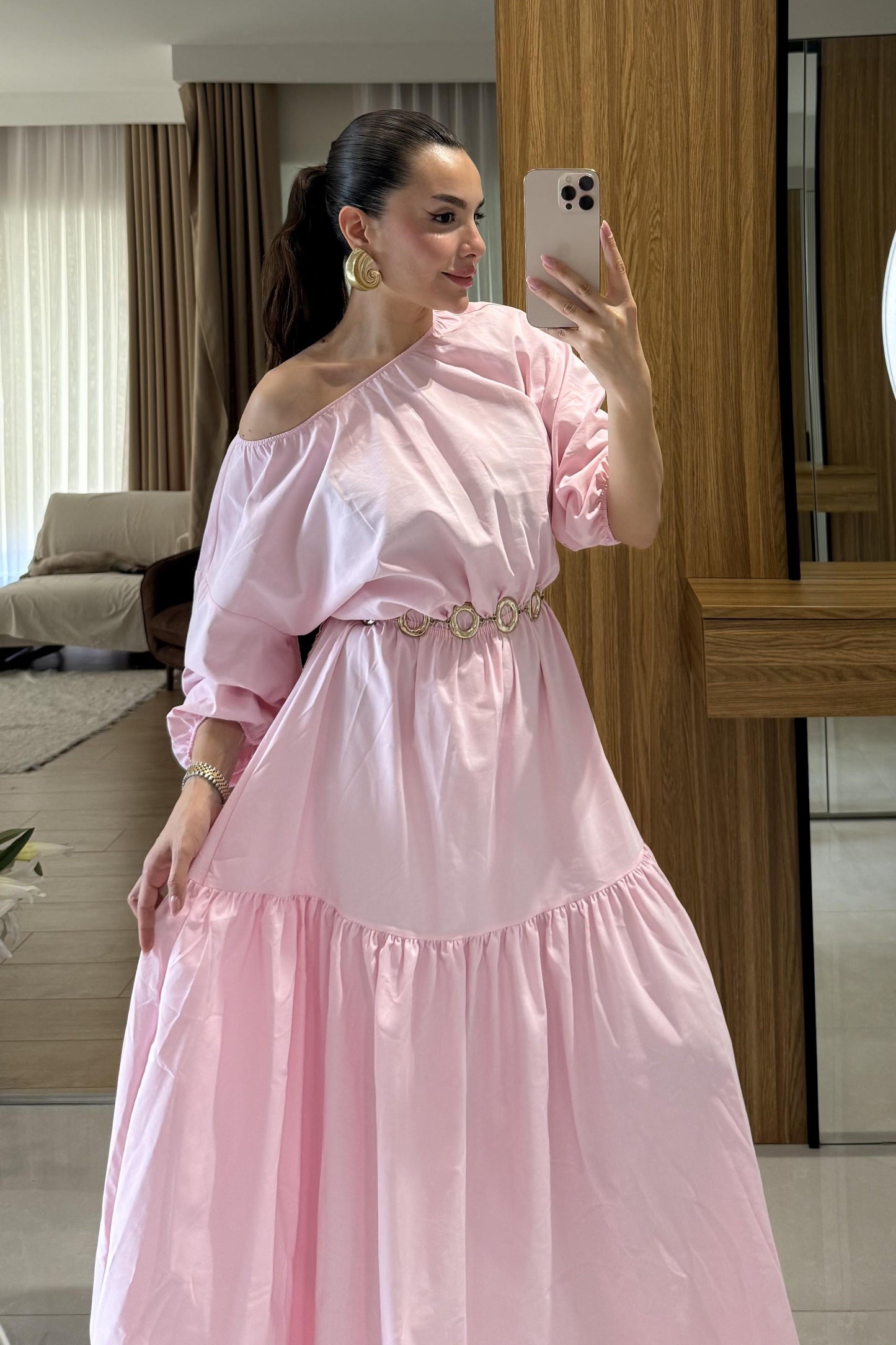 Majuro Toz Pembe Boğumlu Poplin Elbise