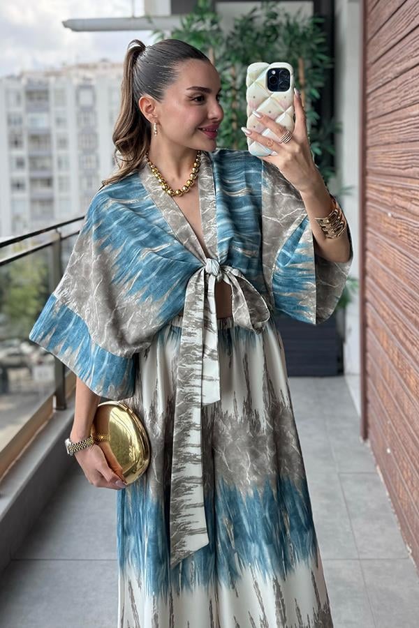 Manisha Bağlamalı Gömlek Pantolon Takım - Turkuaz