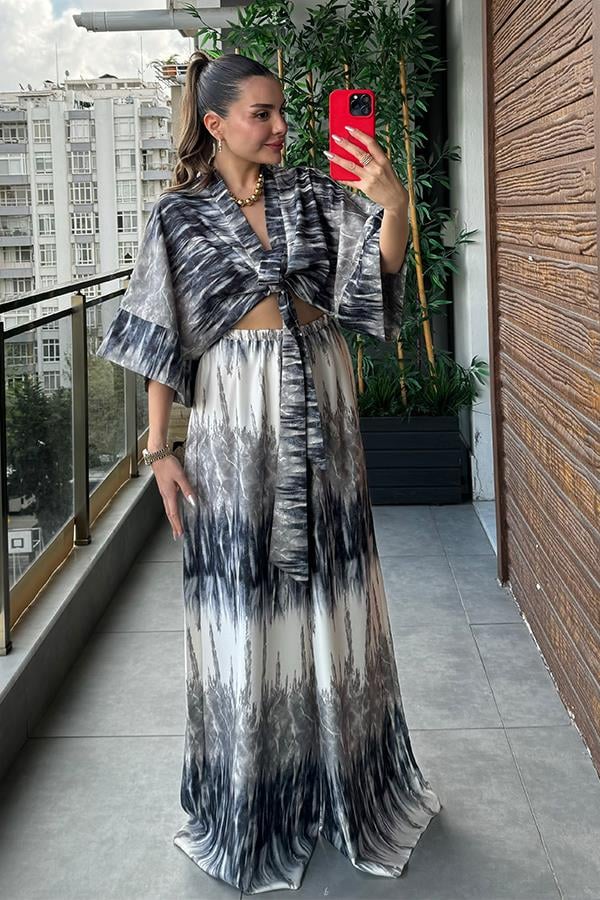 Manisha Bağlamalı Gömlek Pantolon Takım - Füme