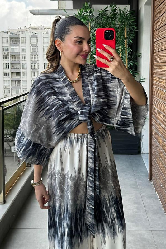 Manisha Bağlamalı Gömlek Pantolon Takım - Füme