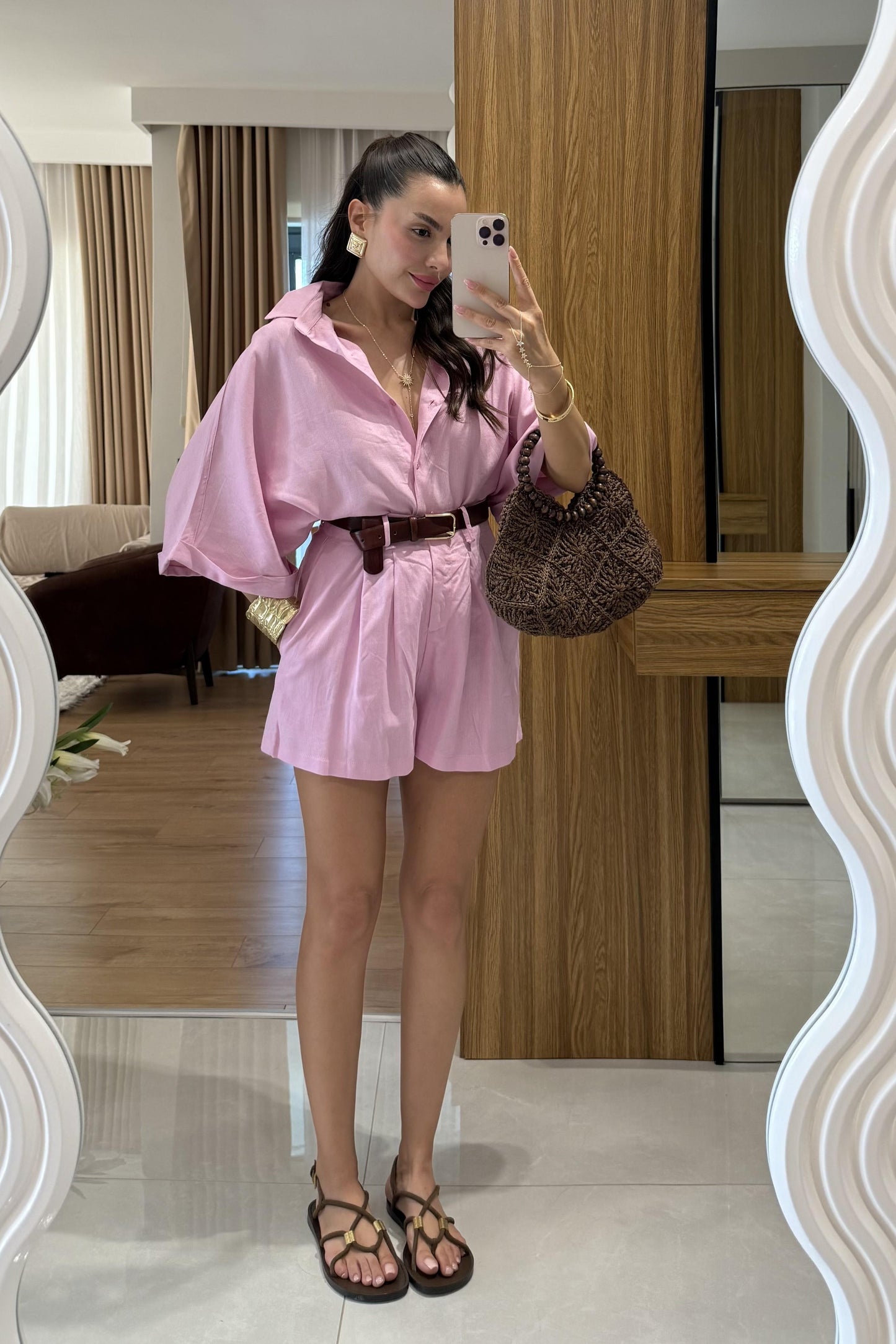 Mareis Pembe Gömlek Şort Keten Takım