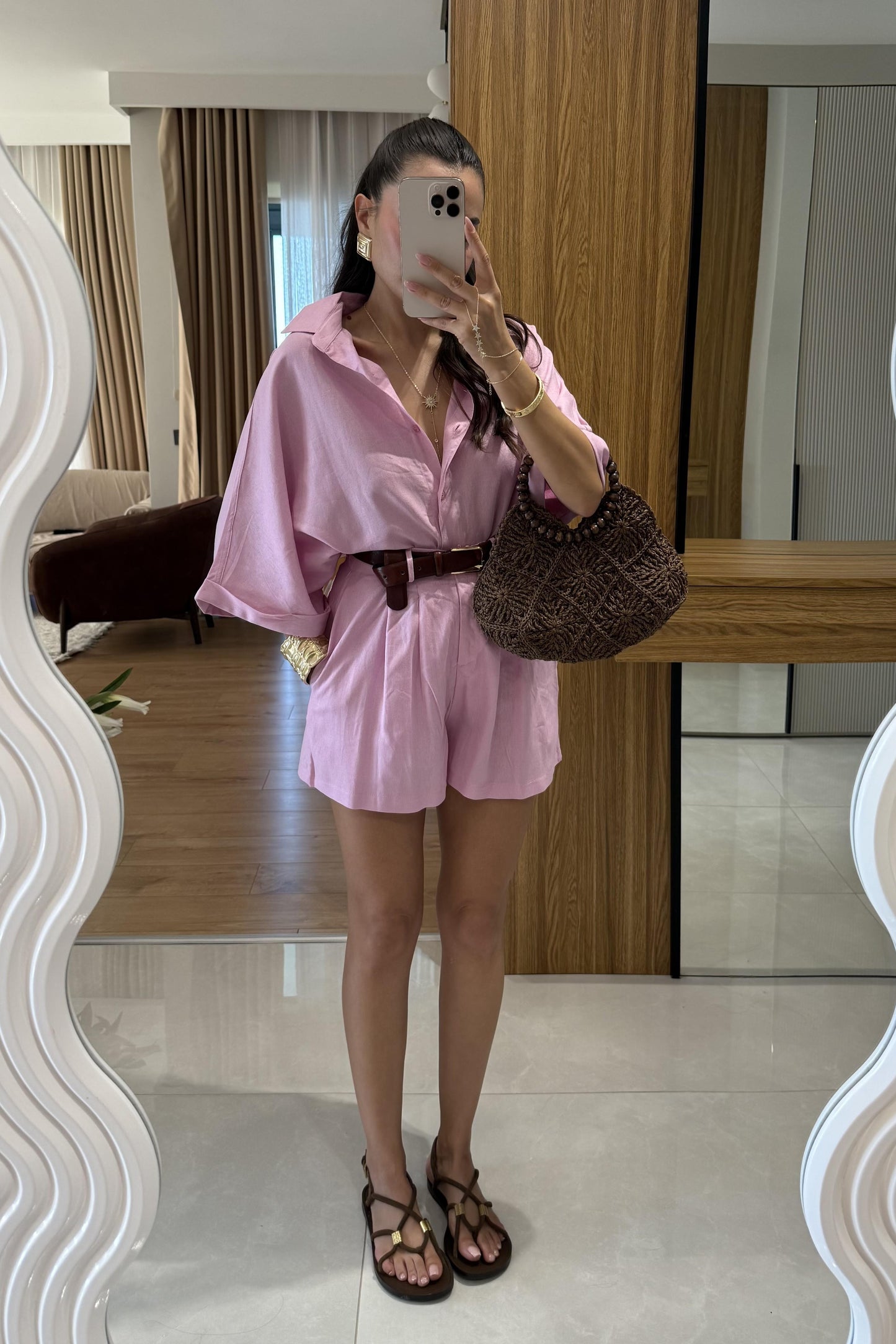 Mareis Pembe Gömlek Şort Keten Takım