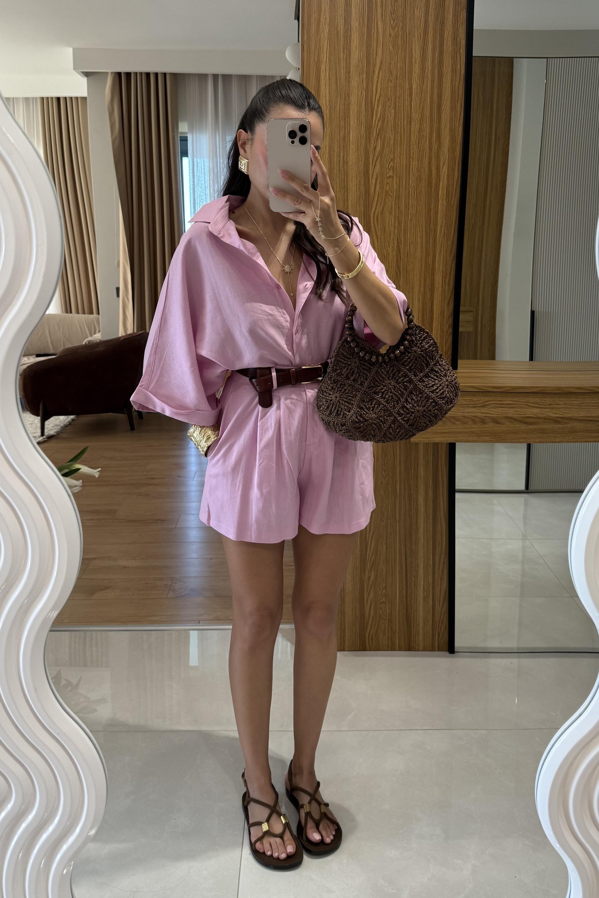 Mareis Pembe Gömlek Şort Keten Takım
