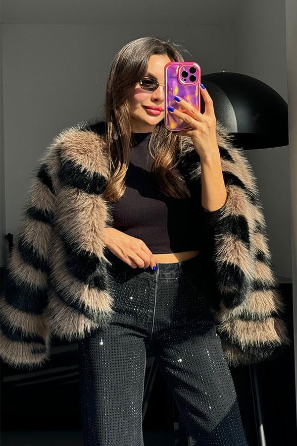 Margaux Siyah Geçişli Kahve Kürk