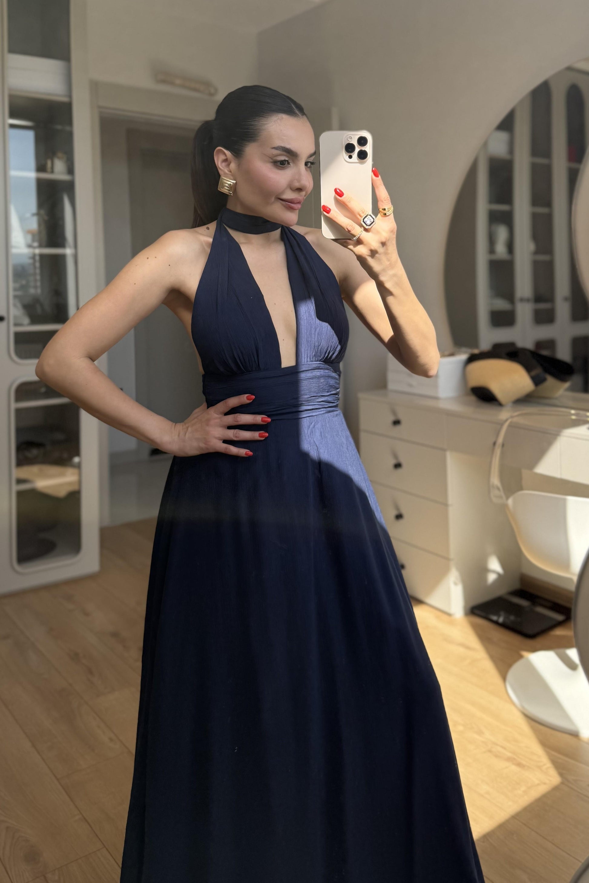 Margot Lacivert Boyundan Bağlamalı Elbise