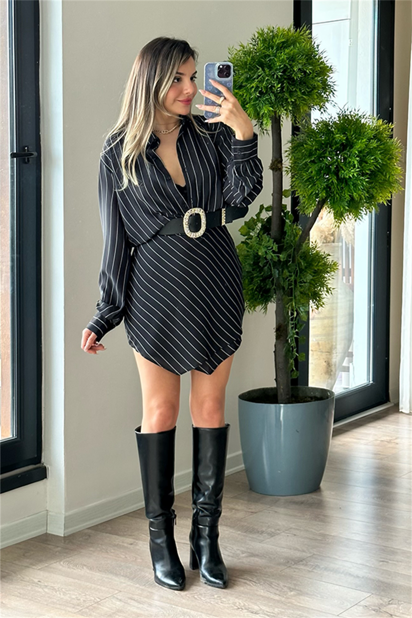 Maria siyah çizgili gömlek elbise