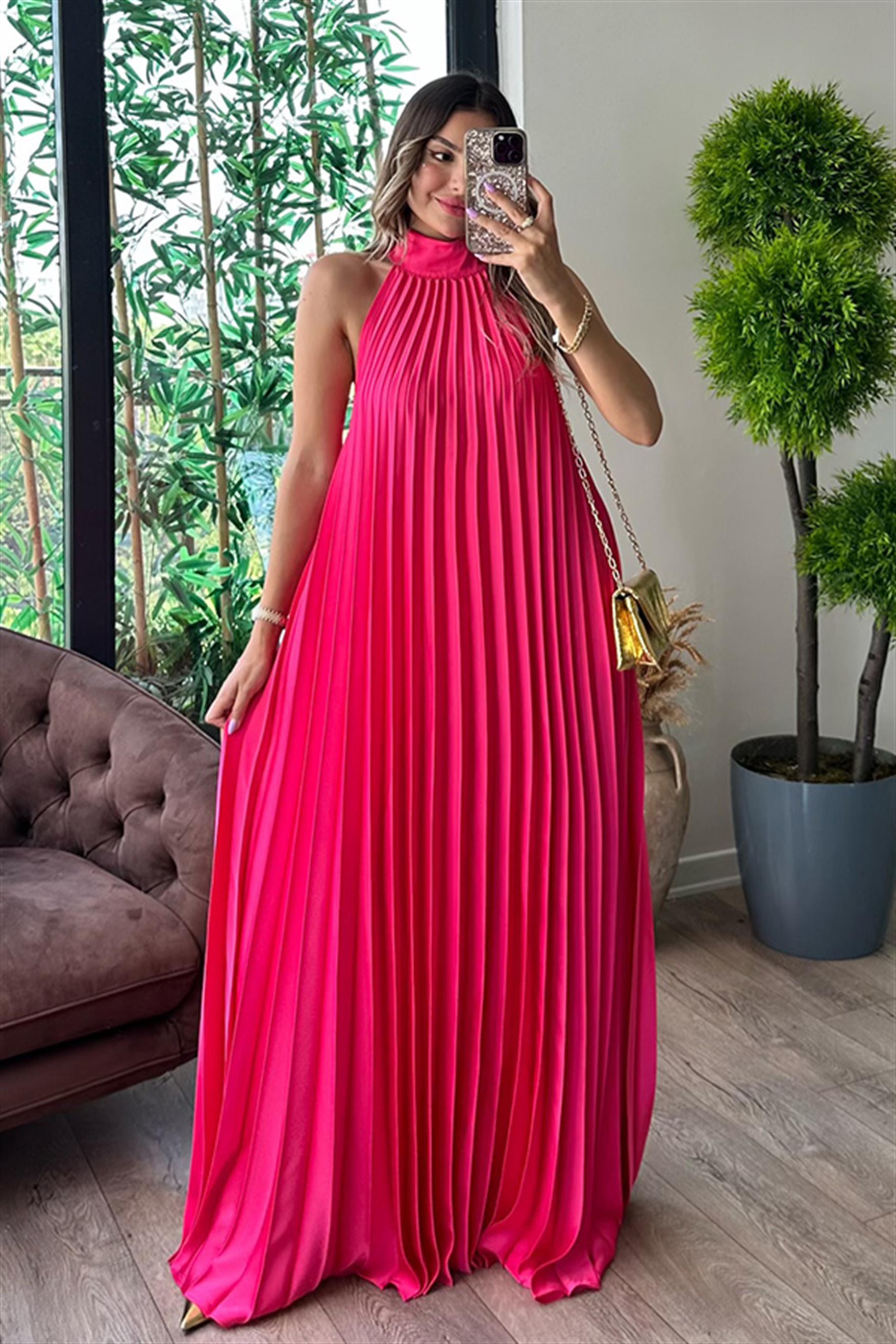 MarieBelle fuşya piliseli tasarım elbise