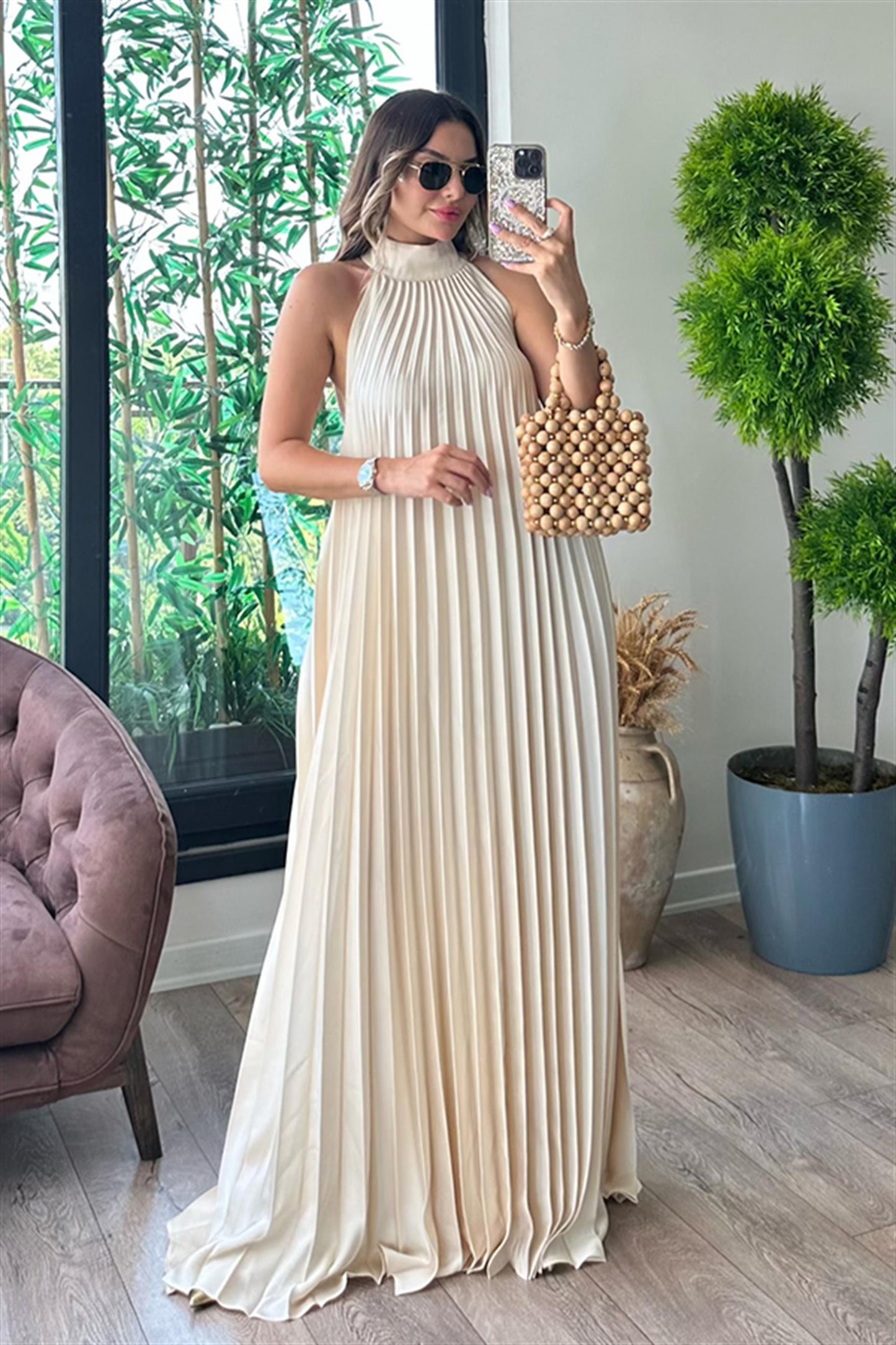 MarieBelle krem piliseli tasarım elbise