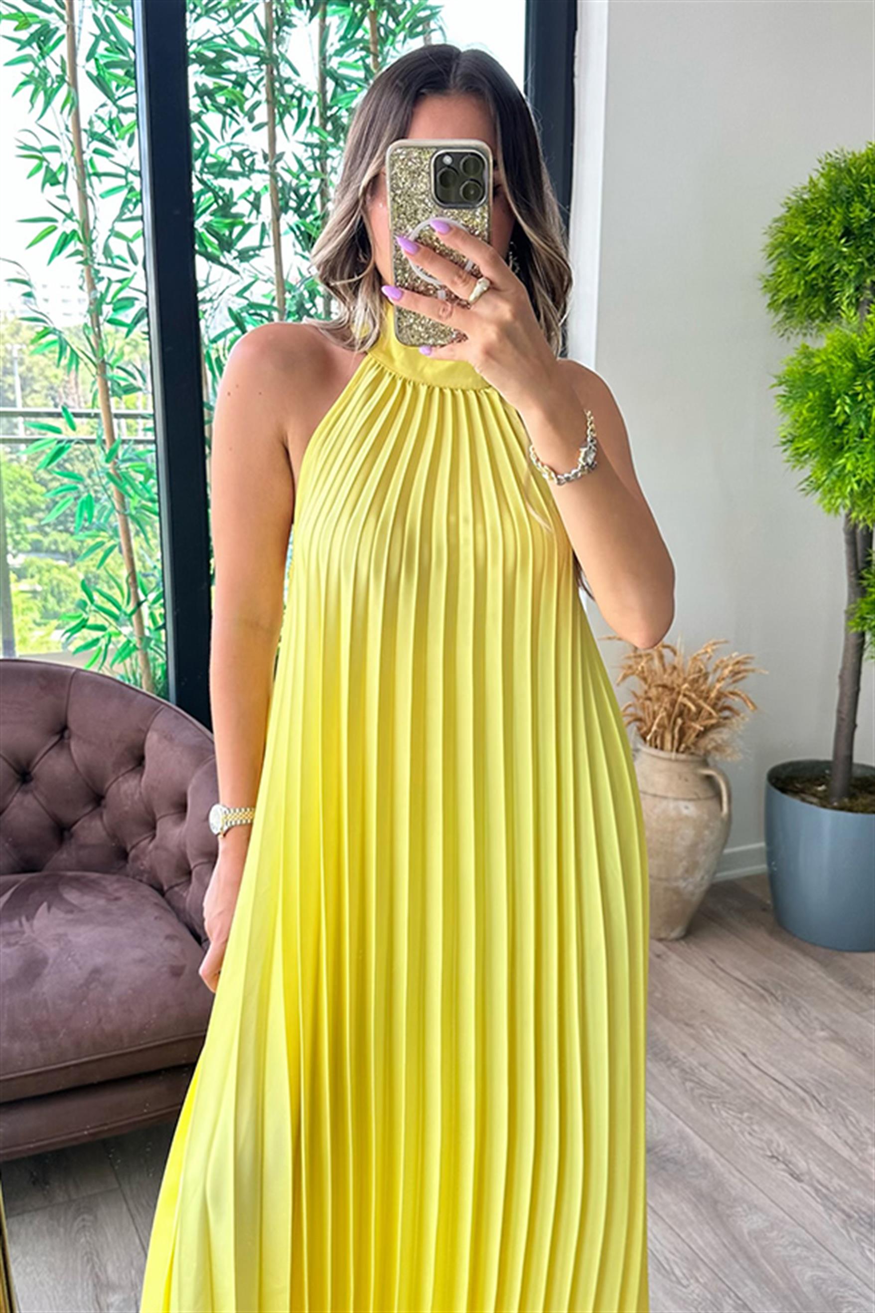 MarieBelle sarı piliseli tasarım elbise