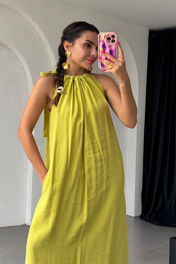 Marisol Tensel Omuzdan Bağlamalı Elbise-Hardal