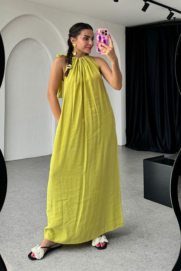 Marisol Tensel Omuzdan Bağlamalı Elbise-Hardal