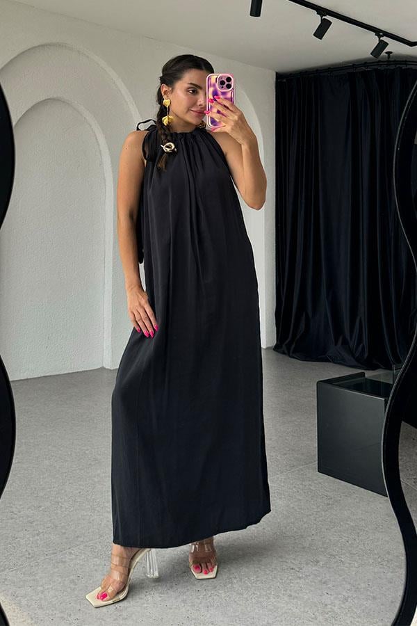 Marisol Tensel Omuzdan Bağlamalı Elbise-Siyah