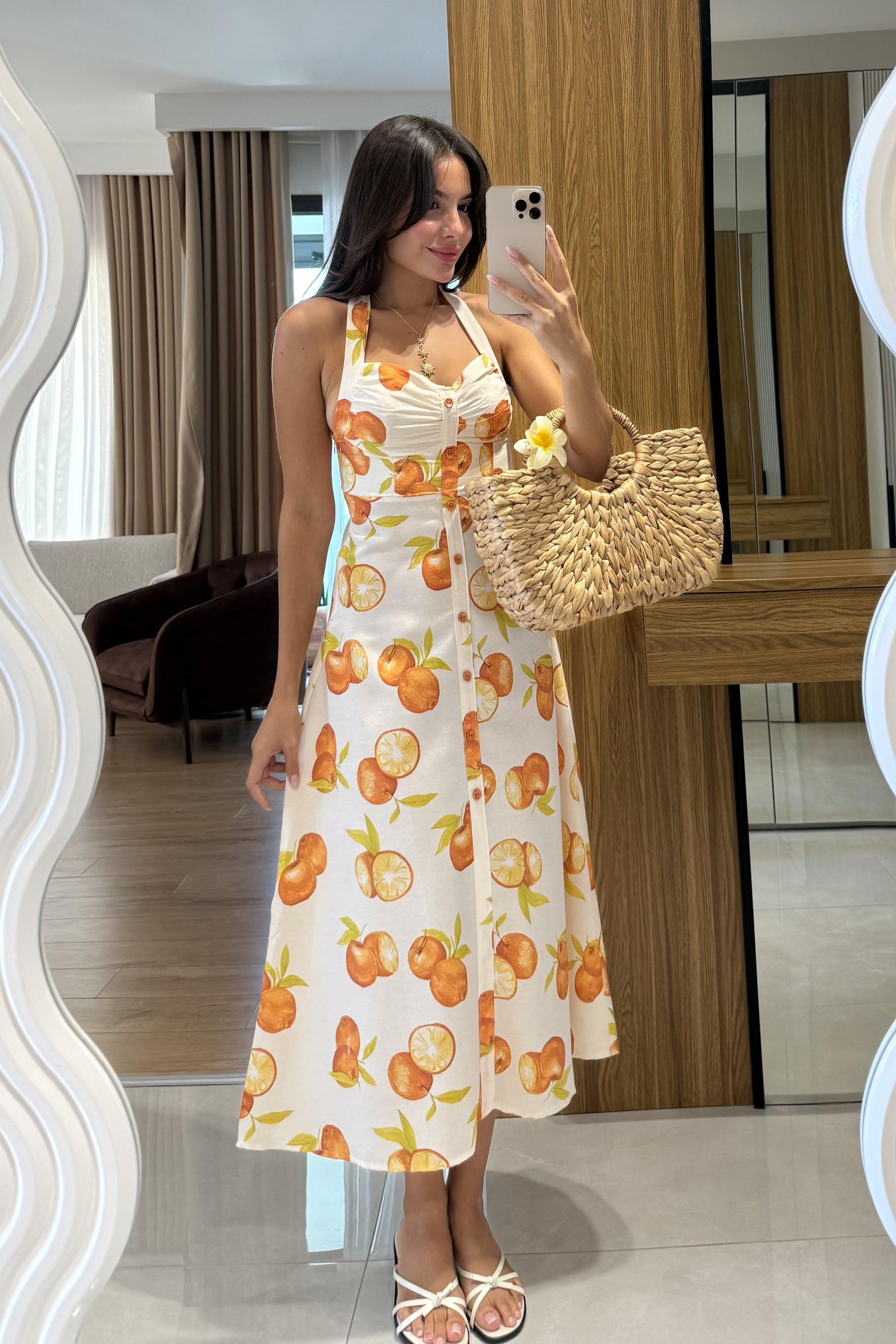 Marja Portakal Desen Keten Elbise