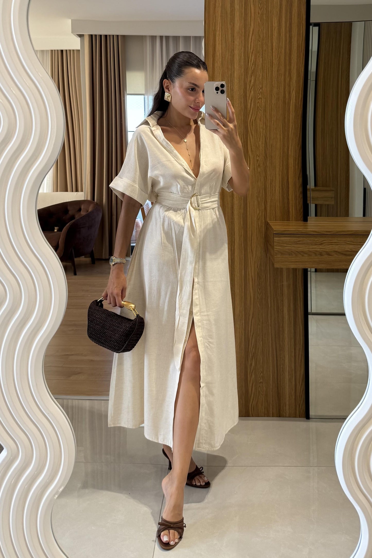 Mark Kuşaklı Midi Yarım Kol Keten Elbise