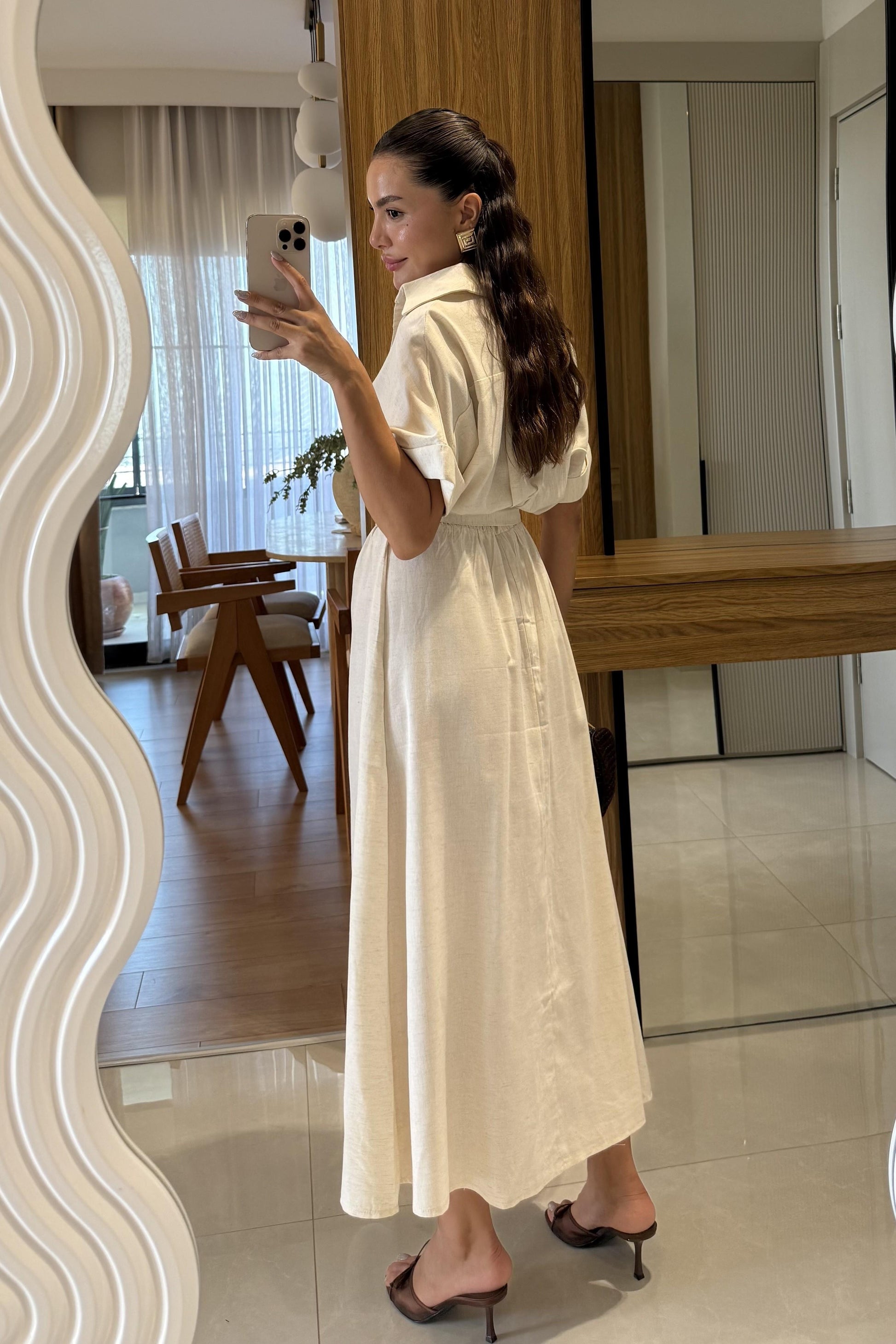 Mark Kuşaklı Midi Yarım Kol Keten Elbise