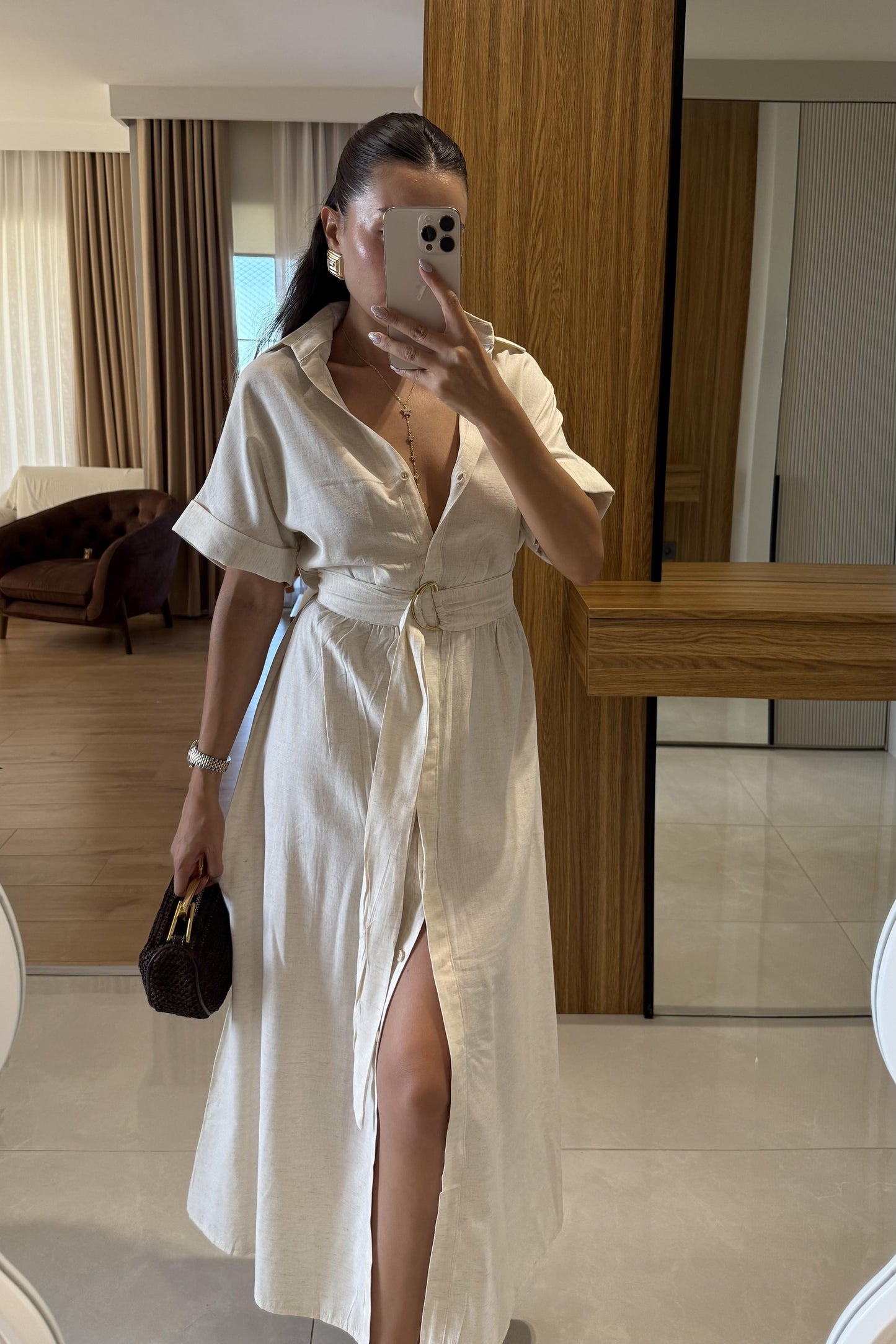 Mark Kuşaklı Midi Yarım Kol Keten Elbise