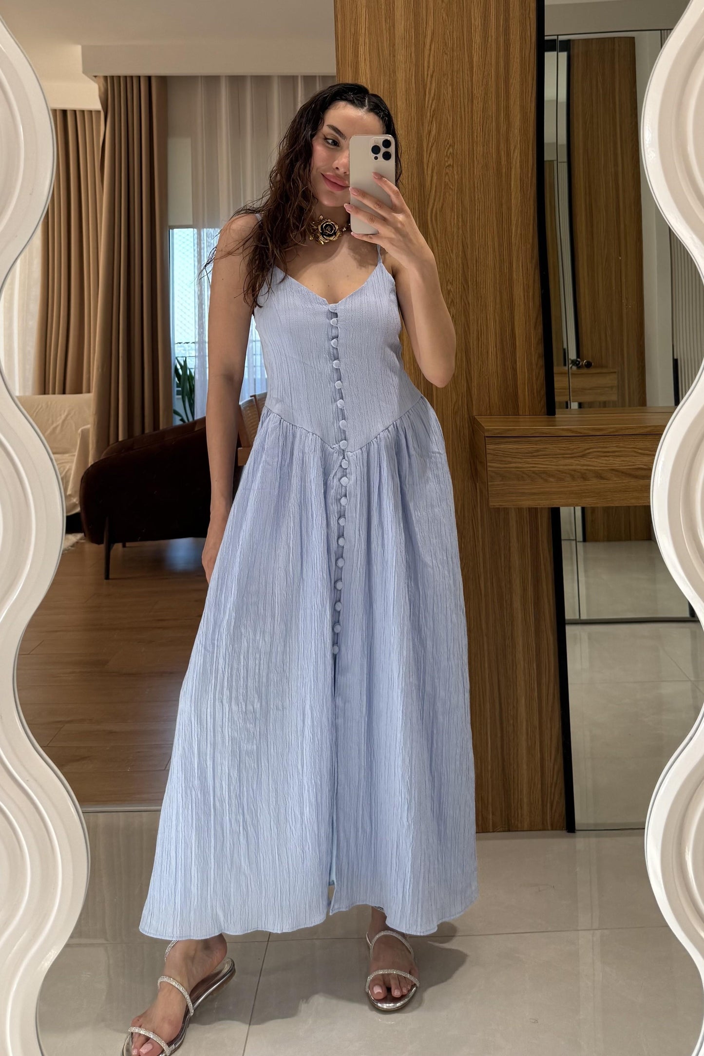 Marlet Bebe Mavi Askılı Önü Düğmeli Elbise