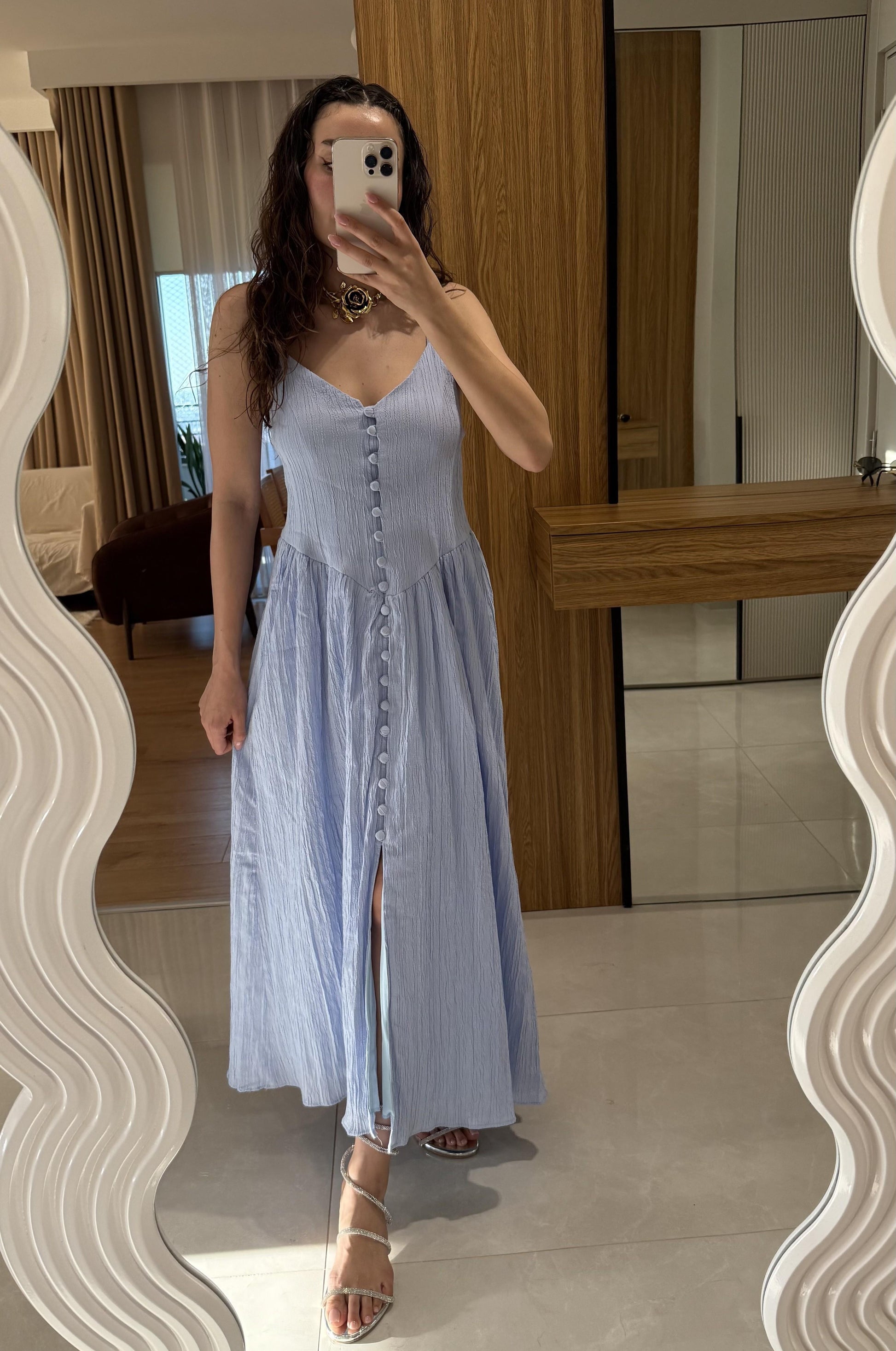 Marlet Bebe Mavi Askılı Önü Düğmeli Elbise