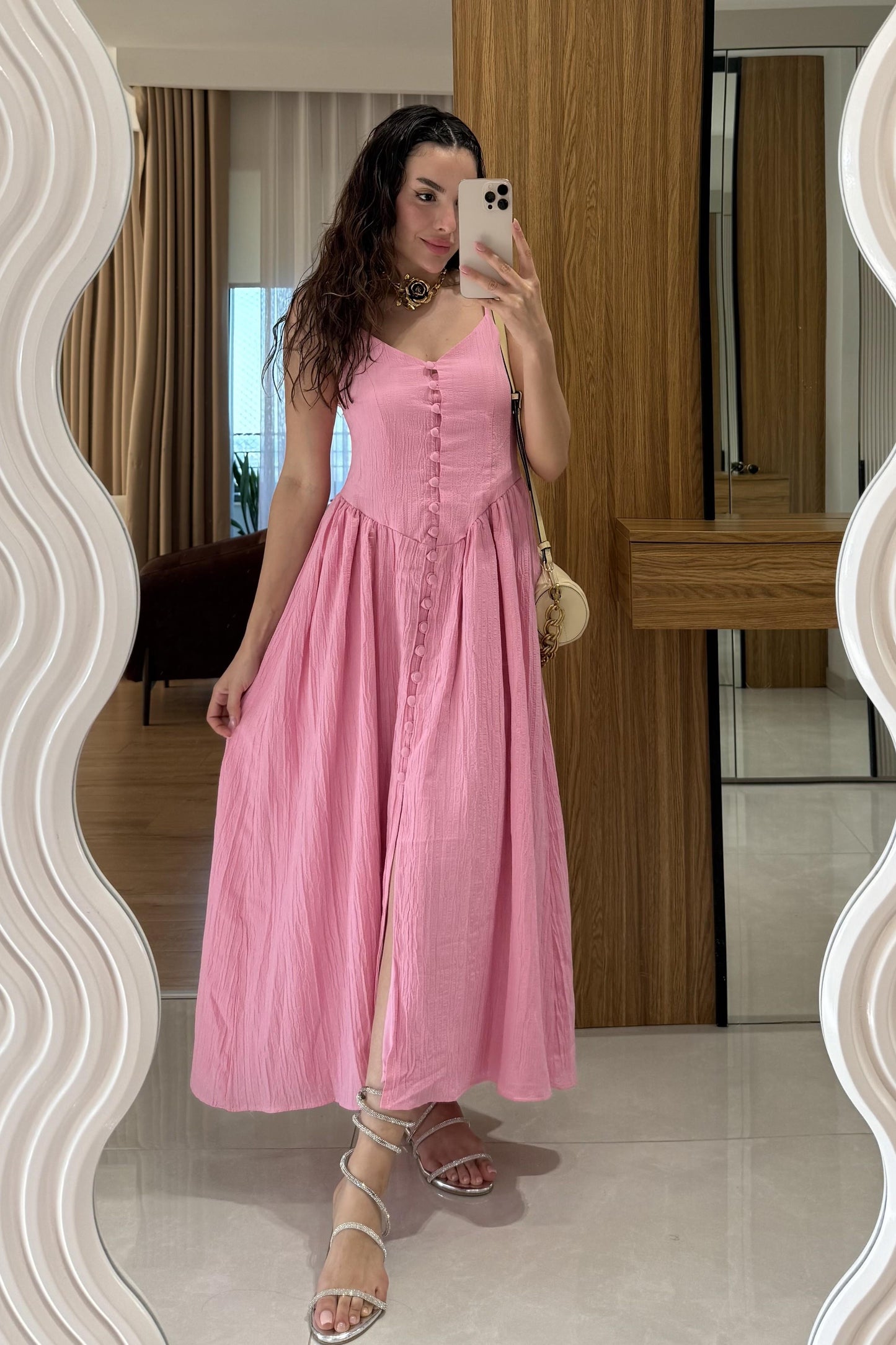 Marlet Pembe Askılı Önü Düğmeli Elbise