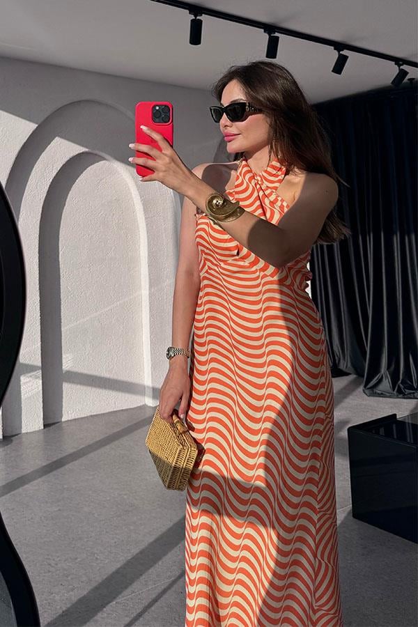 Marlind Dalga Desen Boyundan Bağlamalı Elbise-Turuncu