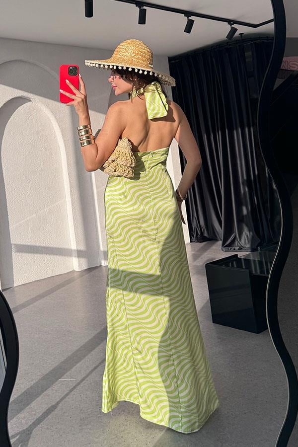 Marlind Dalga Desen Boyundan Bağlamalı Elbise-Yeşil