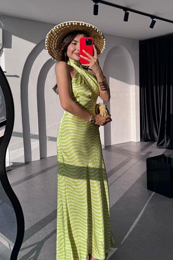 Marlind Dalga Desen Boyundan Bağlamalı Elbise-Yeşil